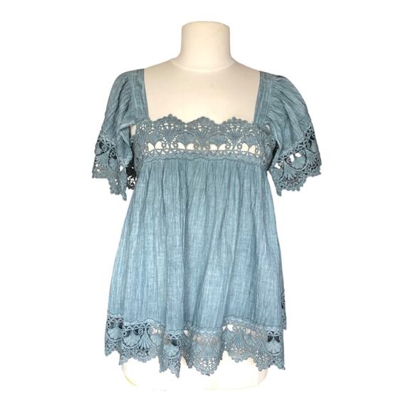 POL Square Neck Puff Sleeve Crochet Details Flowy Blouse Small NWOT - Picture 1 of 10